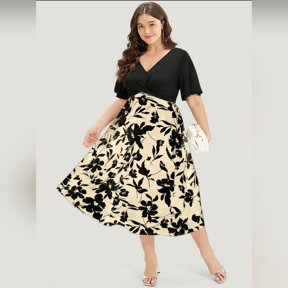 BloomChic Black and Cream Floral Midi Dress